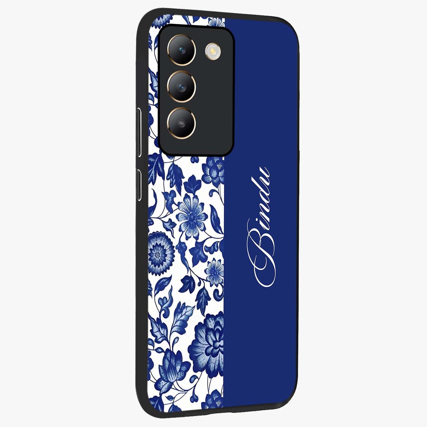 Blue Vintage Floral Pattern Glass Case upright view showcasing delicate blush floral texture with modern minimal style.