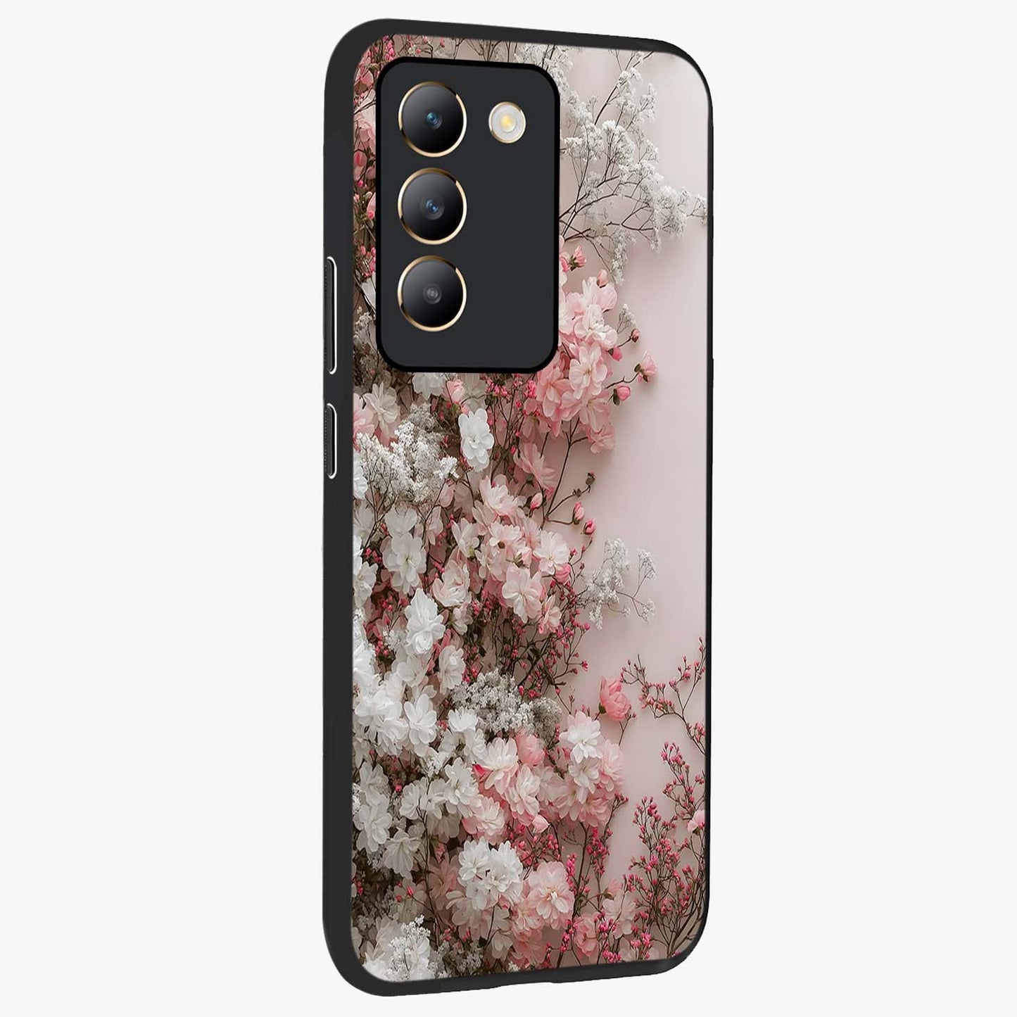 Blush Blossom Cloud Glass Case upright view showcasing calm floral cloud artwork with gentle dreamy theme.