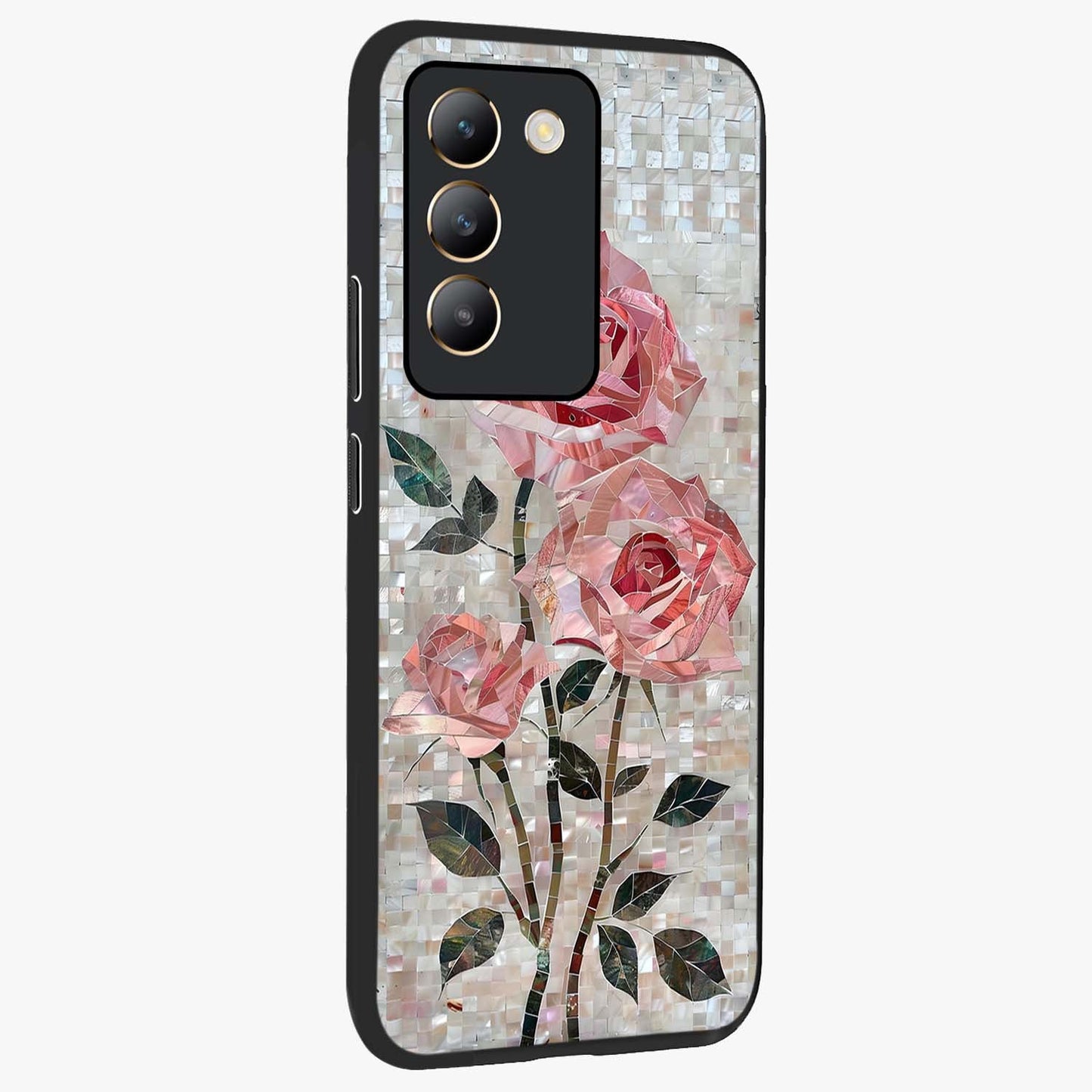 Blush Mosaic Bloom Glass Case upright view showcasing decorative floral mosaic artwork with stylish modern aesthetic.