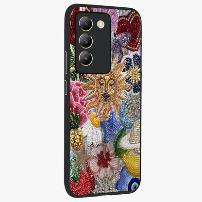 Celestial Floral and Playful Glass Case upright view showcasing whimsical floral artwork with cosmic aesthetic theme.