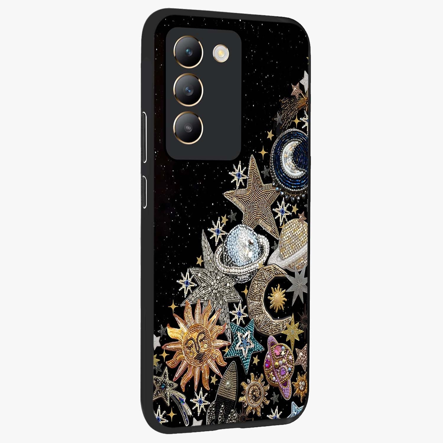 Cosmic Sparkle Dreams Glass Case upright view showcasing glowing cosmic artwork with magical galaxy theme.