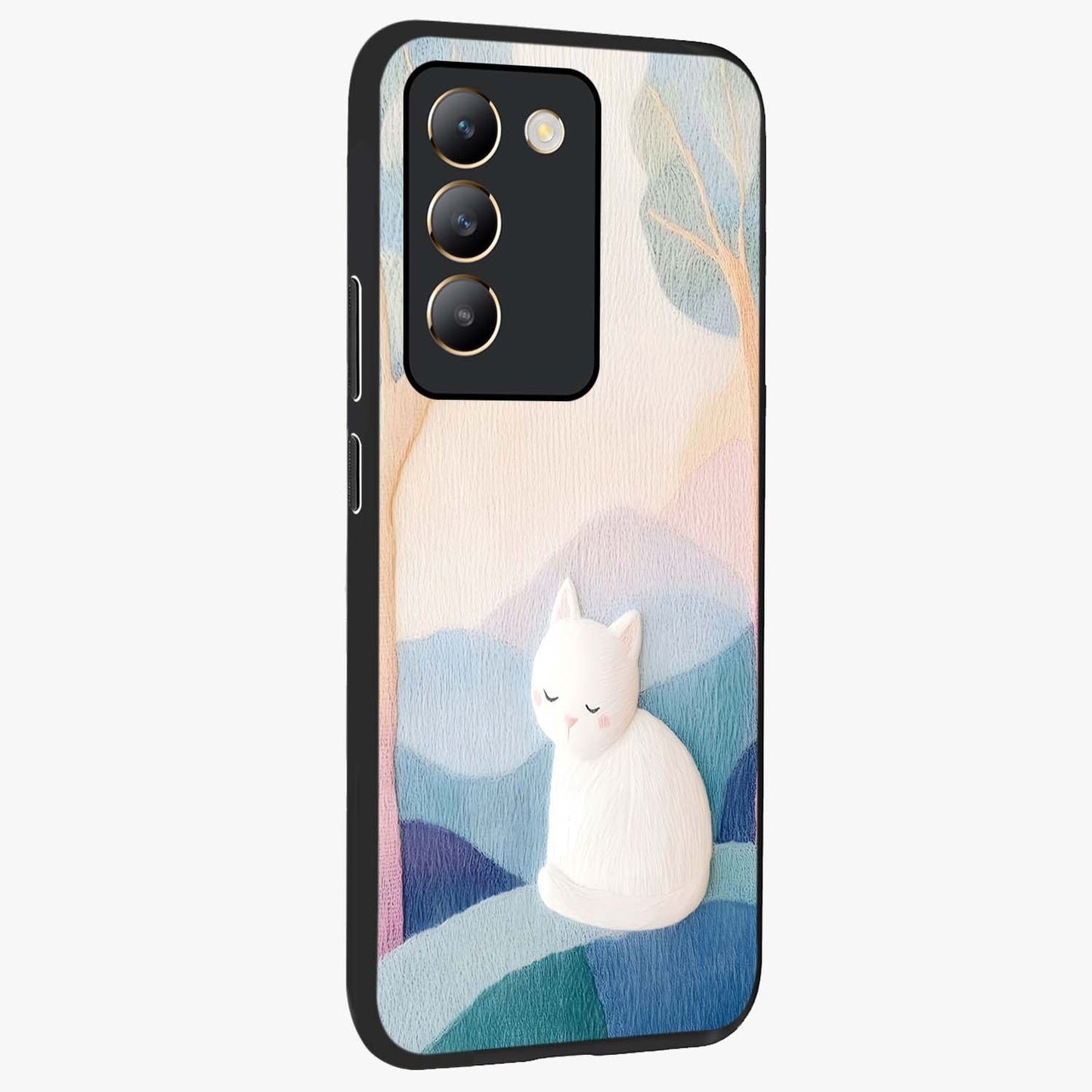 Cotton Dream Cat Glass Case upright view showcasing charming cat artwork with cozy dreamy theme.