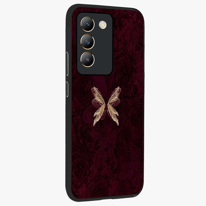 Crimson Fade Butterfly Glass Case upright view showcasing graceful butterfly artwork with soft crimson fade effect.