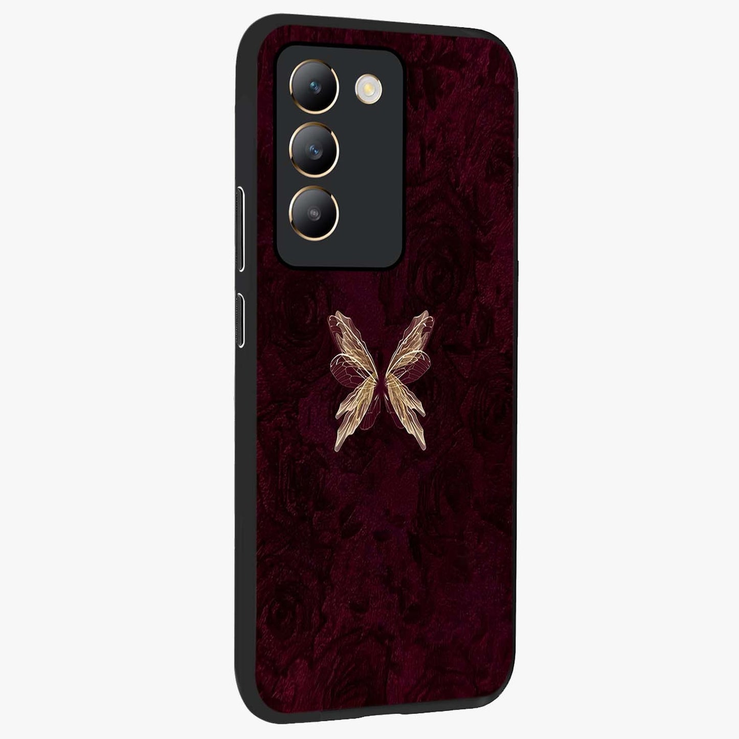 Crimson Fade Butterfly Glass Case upright view showcasing graceful butterfly artwork with soft crimson fade effect.