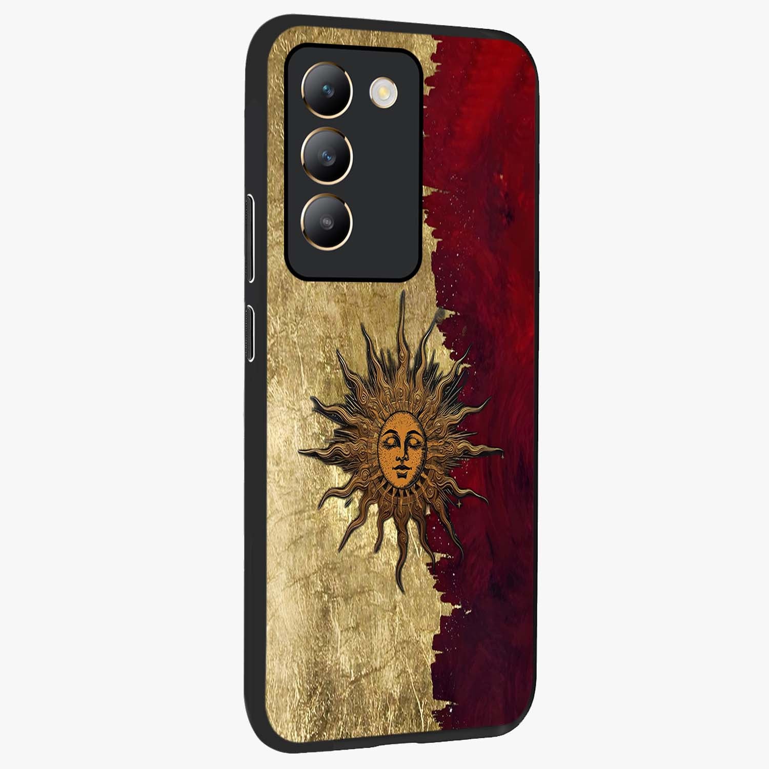 Crimson Sun Majesty Glass Case upright view showcasing vibrant sun artwork with powerful celestial theme.