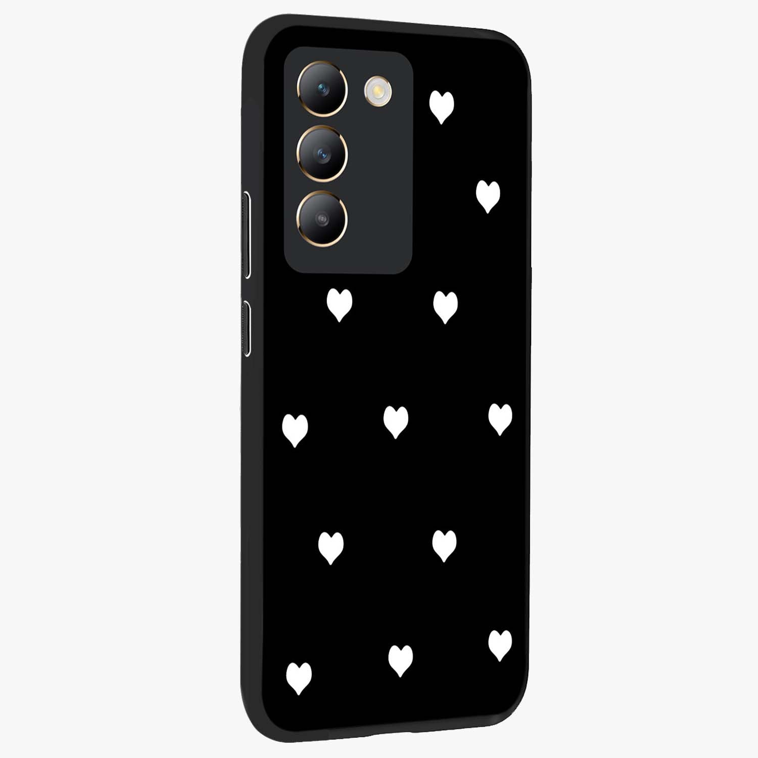 Cute And Simple White Hearts Glass Case upright view showcasing simple white hearts artwork with soft minimal theme.