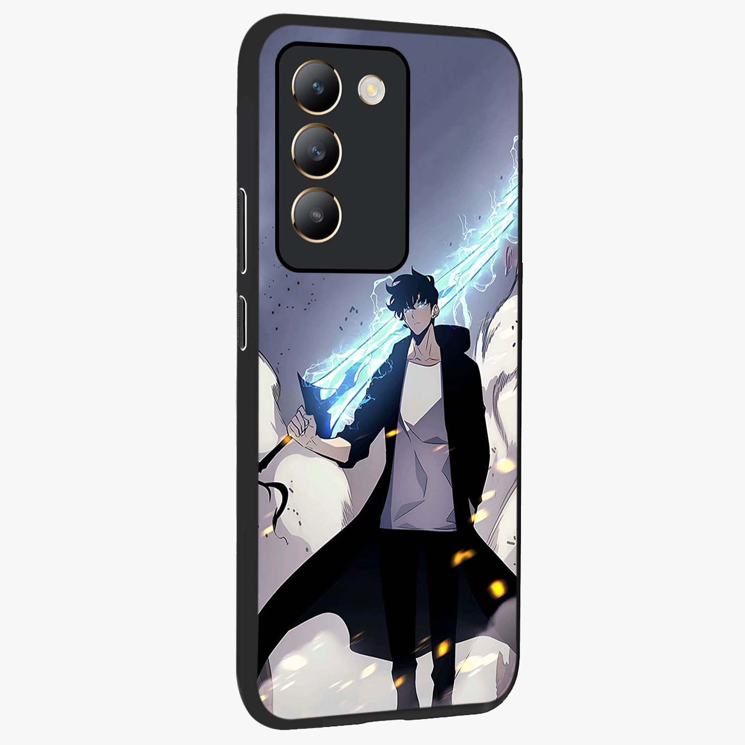 Dark Lightning Anime Warrior Glass Case upright view showcasing dramatic warrior artwork with dark lightning aesthetic.
