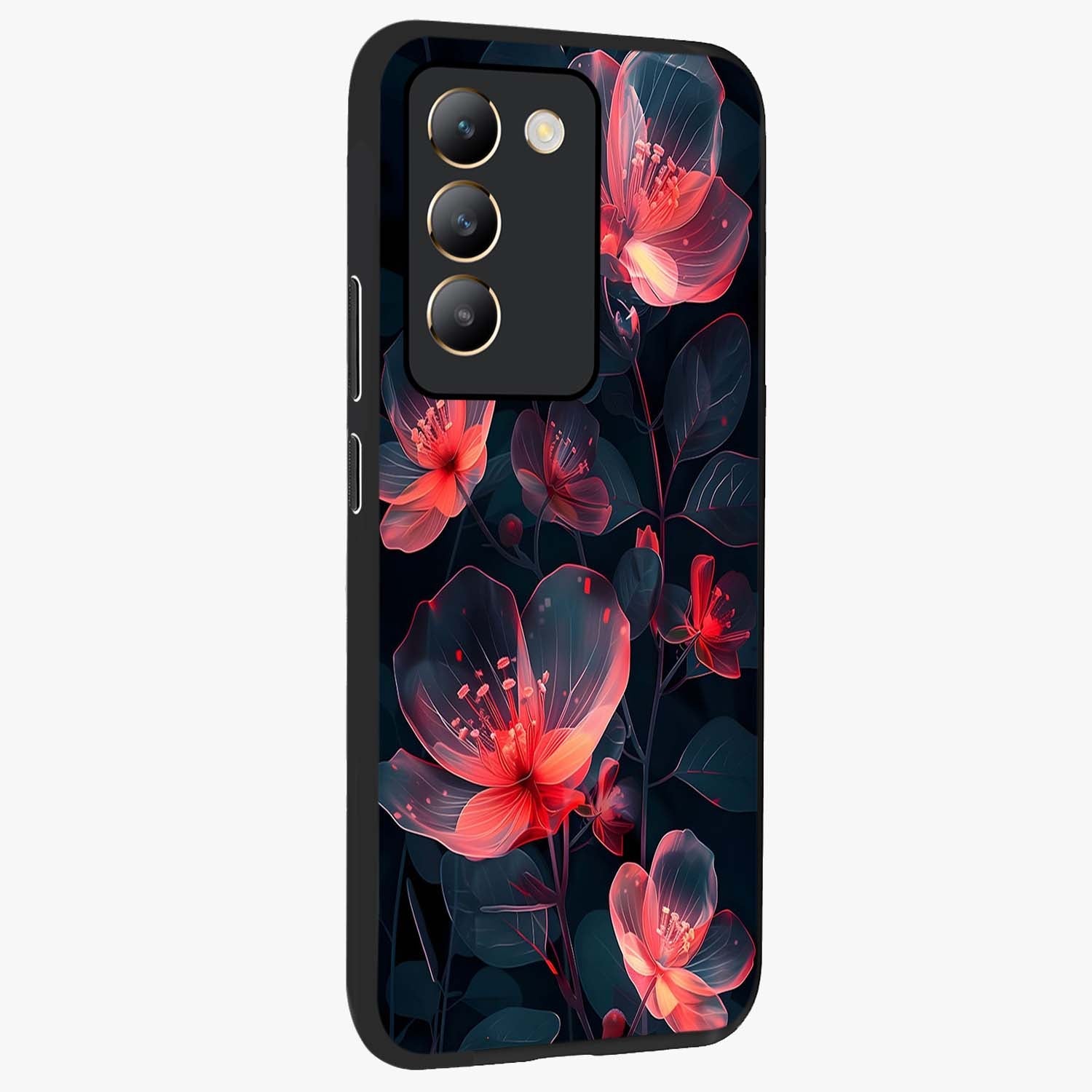 Dark Shade of Flower Glass Case upright view showcasing delicate flower artwork with rich dark floral theme.