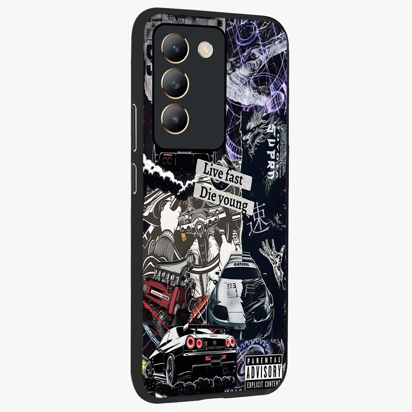 Die Young Glass Case upright view showcasing striking typography artwork with modern statement theme.