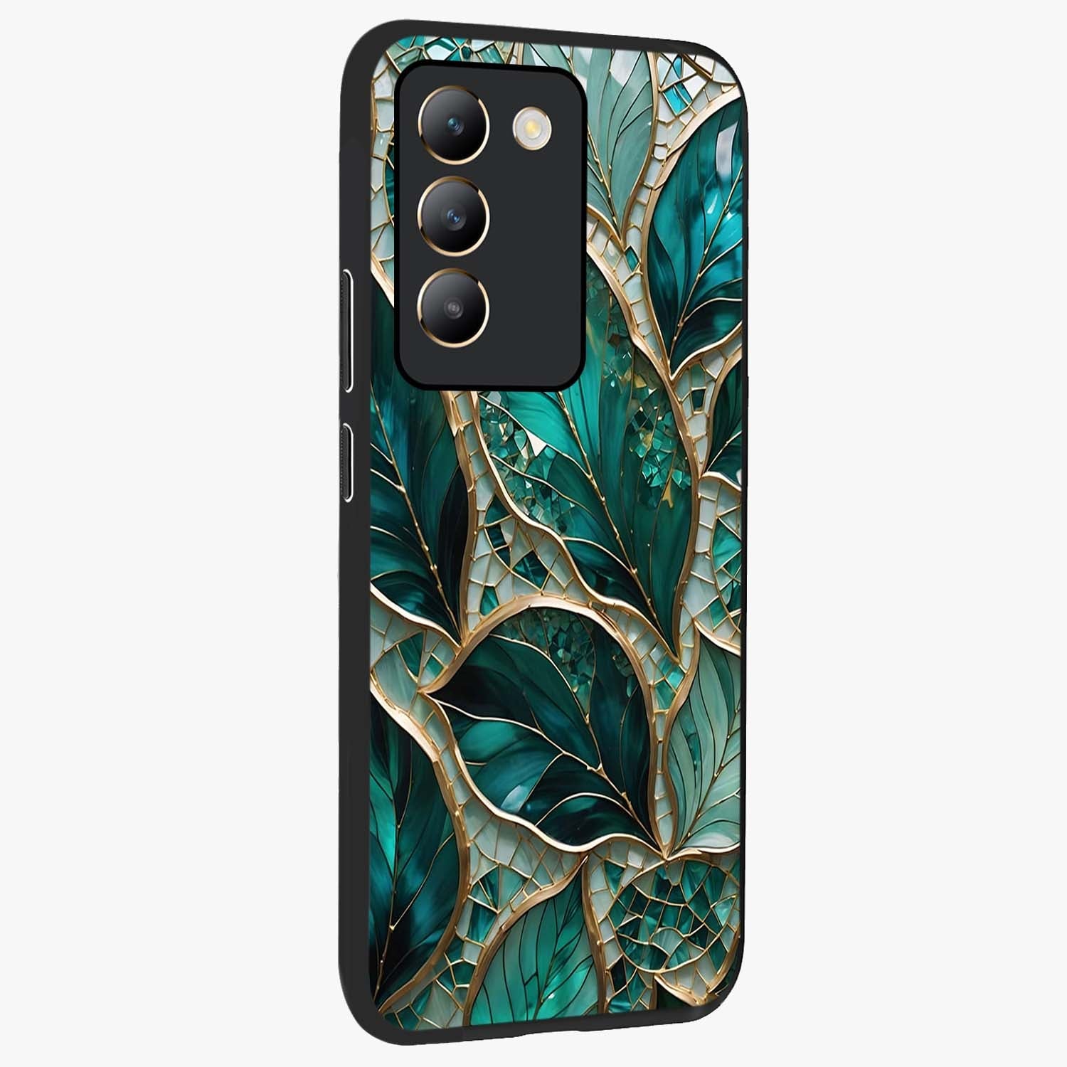 Emerald Leaf Glass Glass Case upright view showcasing fresh green leaf artwork with calming nature inspired style.
