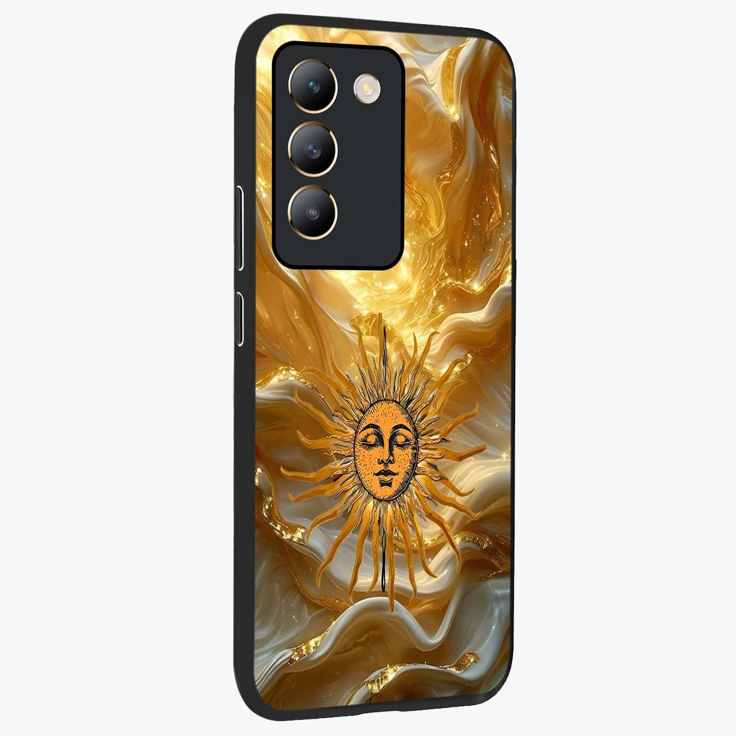 Eternal Golden Glow Glass Case upright view showcasing luminous golden artwork with luxurious visual theme.