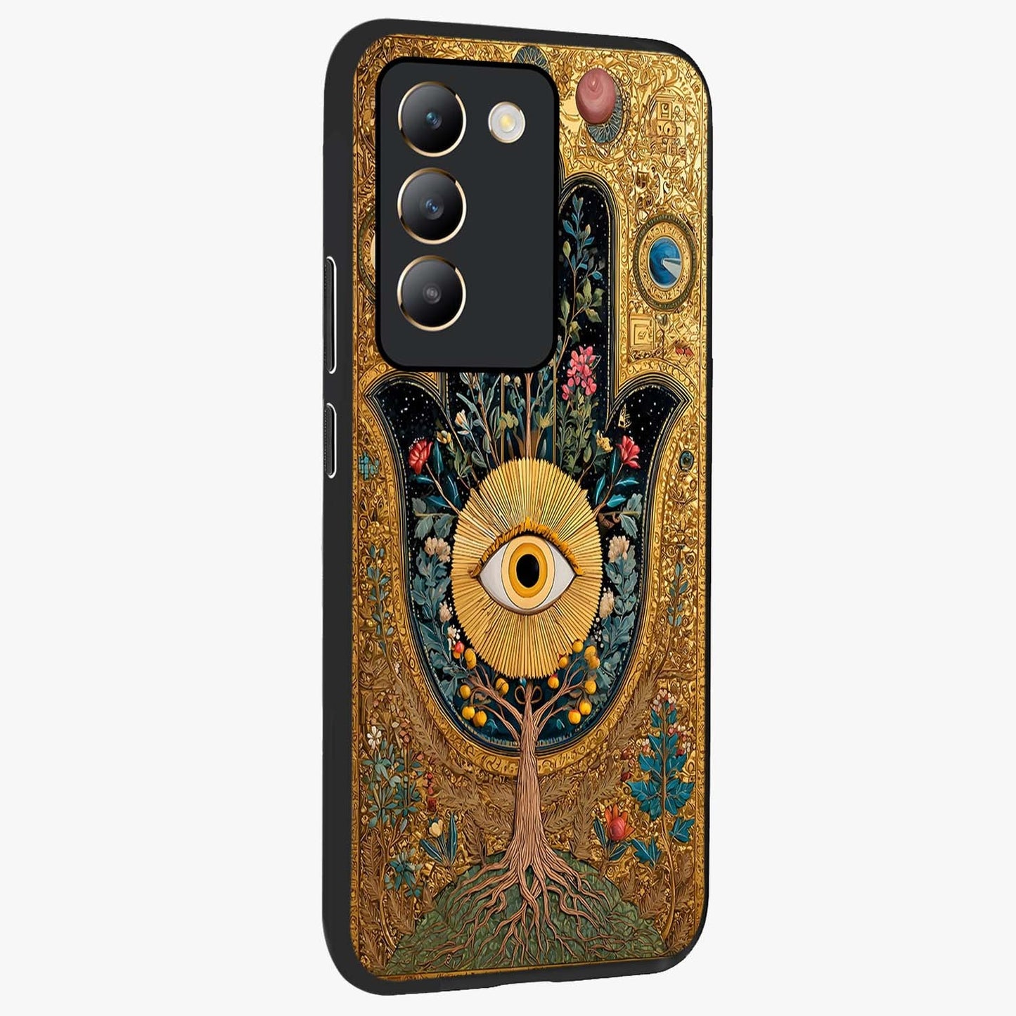 Ethereal Evil Eye Glass Case upright view showcasing celestial evil eye artwork with mystical theme.