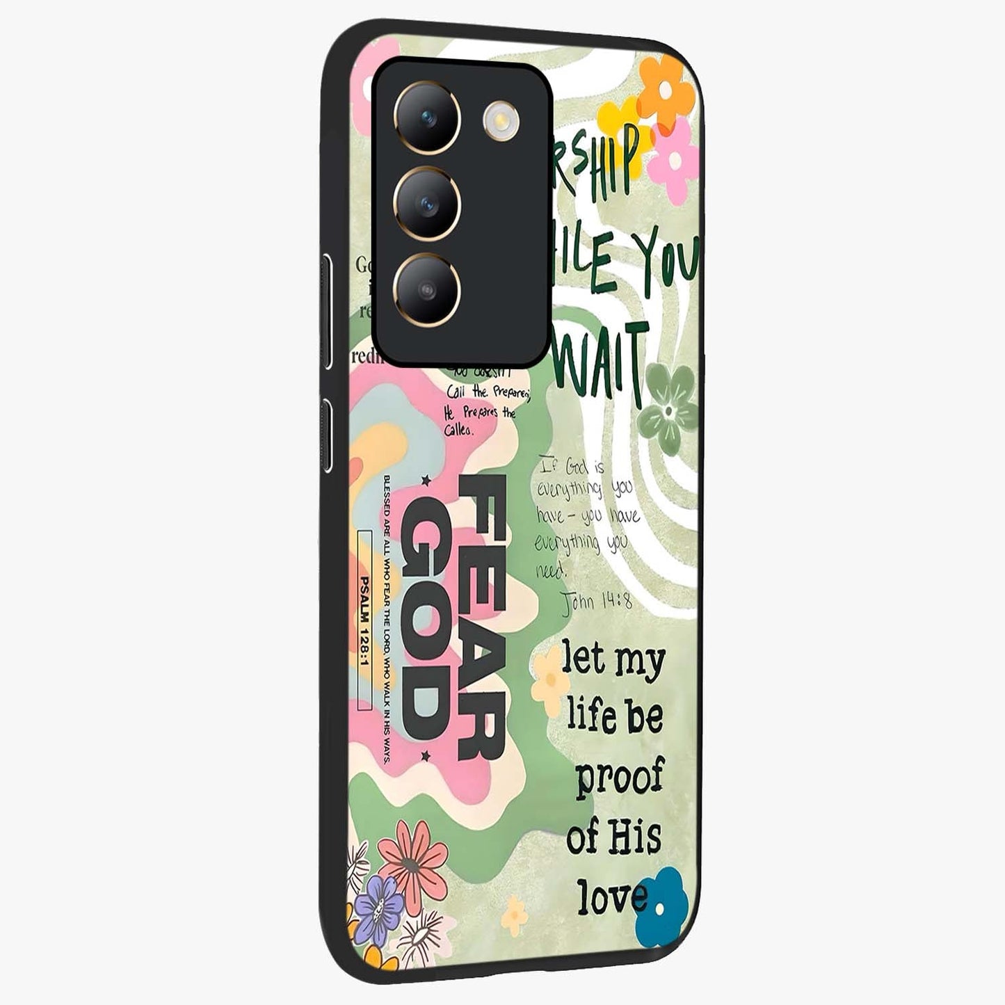 Faith Over Fear Glass Case upright view showcasing bold typography artwork with uplifting motivational theme.