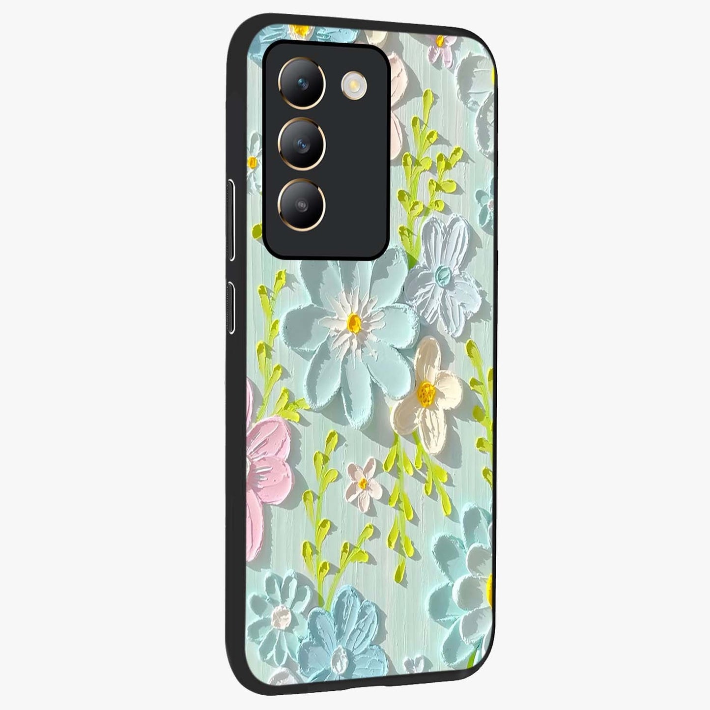 Frosted Petal Garden Glass Case upright view showcasing elegant floral garden artwork with soothing pastel theme.