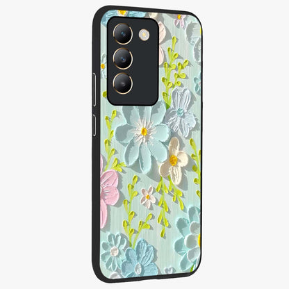 Frosted Petal Garden Glass Case upright view showcasing elegant floral garden artwork with soothing pastel theme.