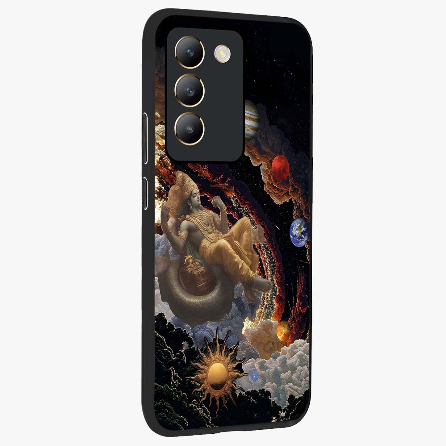 Galactic Divine God Glass Case upright view showcasing mystical divine artwork with dramatic cosmic theme.