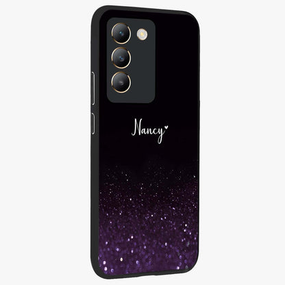 Glittery Purple Bokeh Custom Name Glass Case upright view showcasing vibrant purple sparkle artwork with personalized aesthetic style.