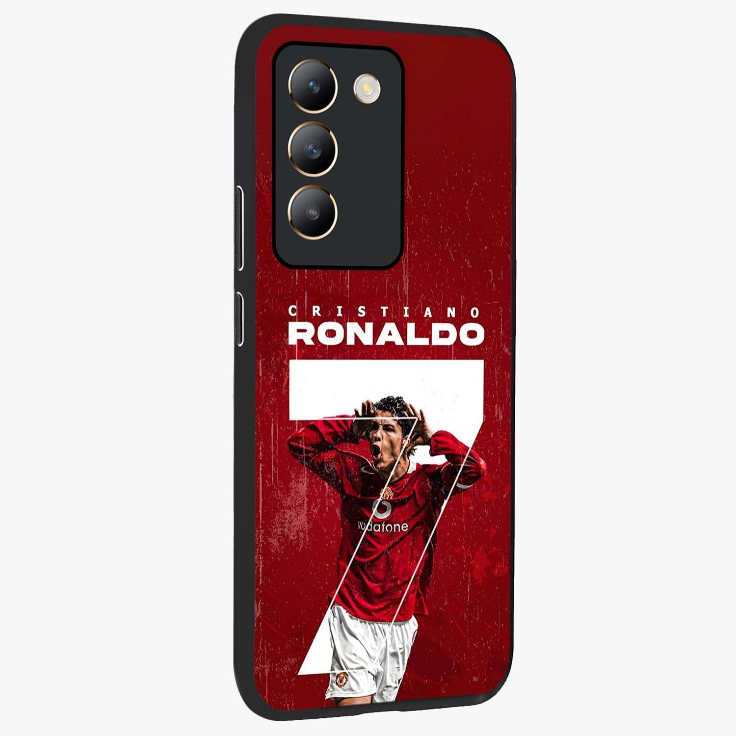 Goal Celebration Legacy Glass Case upright view showcasing dynamic football inspired artwork with victory celebration aesthetic.