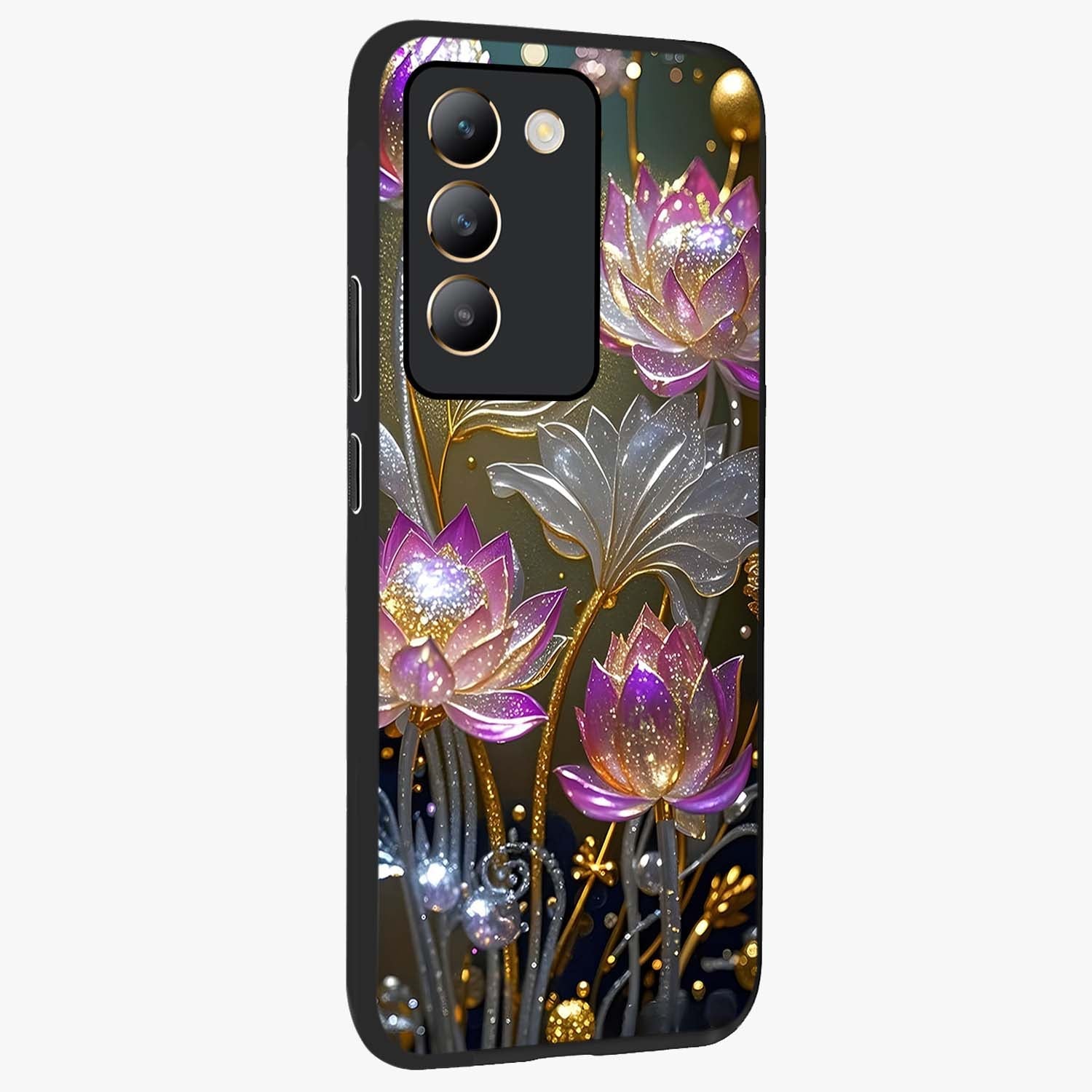 Golden Floral Majesty Glass Case upright view showcasing majestic floral artwork with rich decorative theme.
