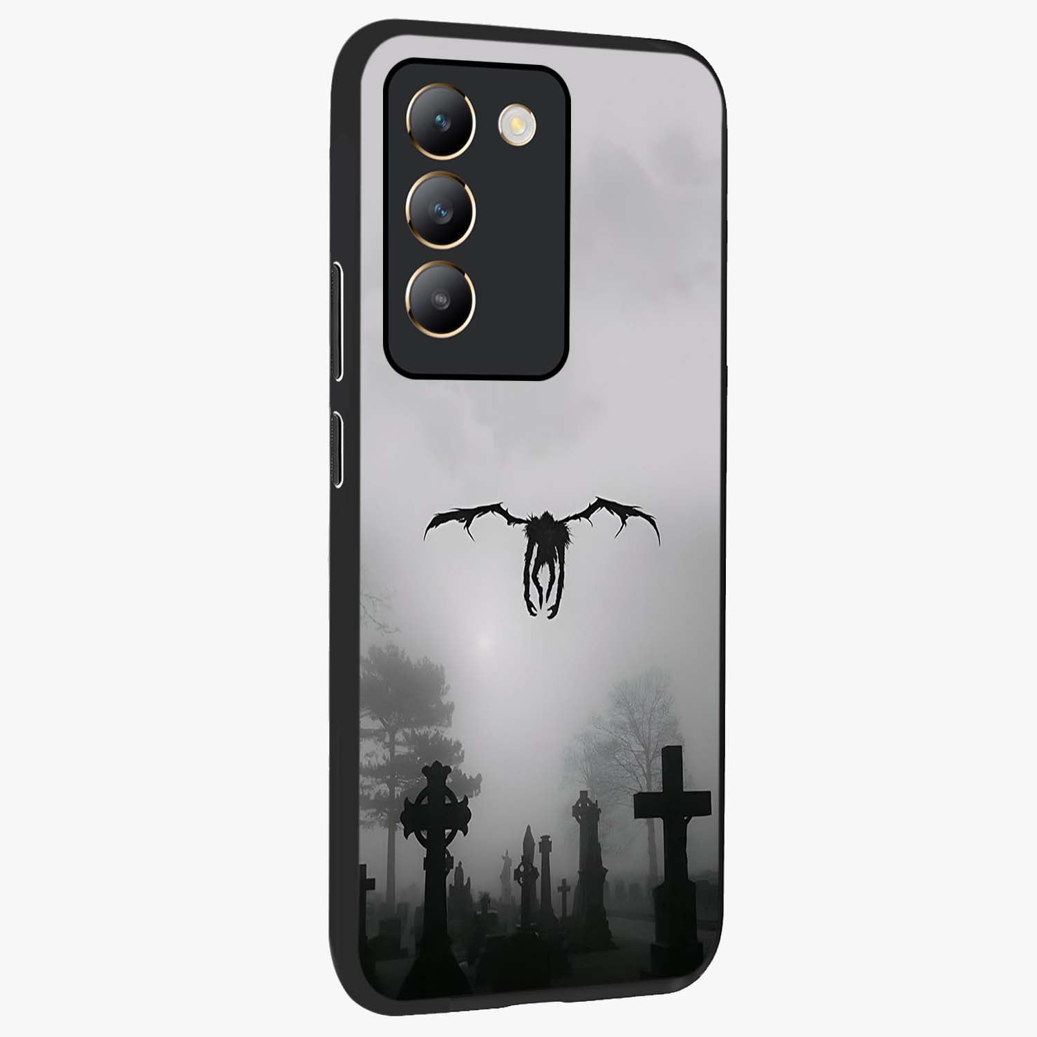 Graveyard Shadow Descent Glass Case upright view showcasing haunting graveyard artwork with dramatic dark theme.