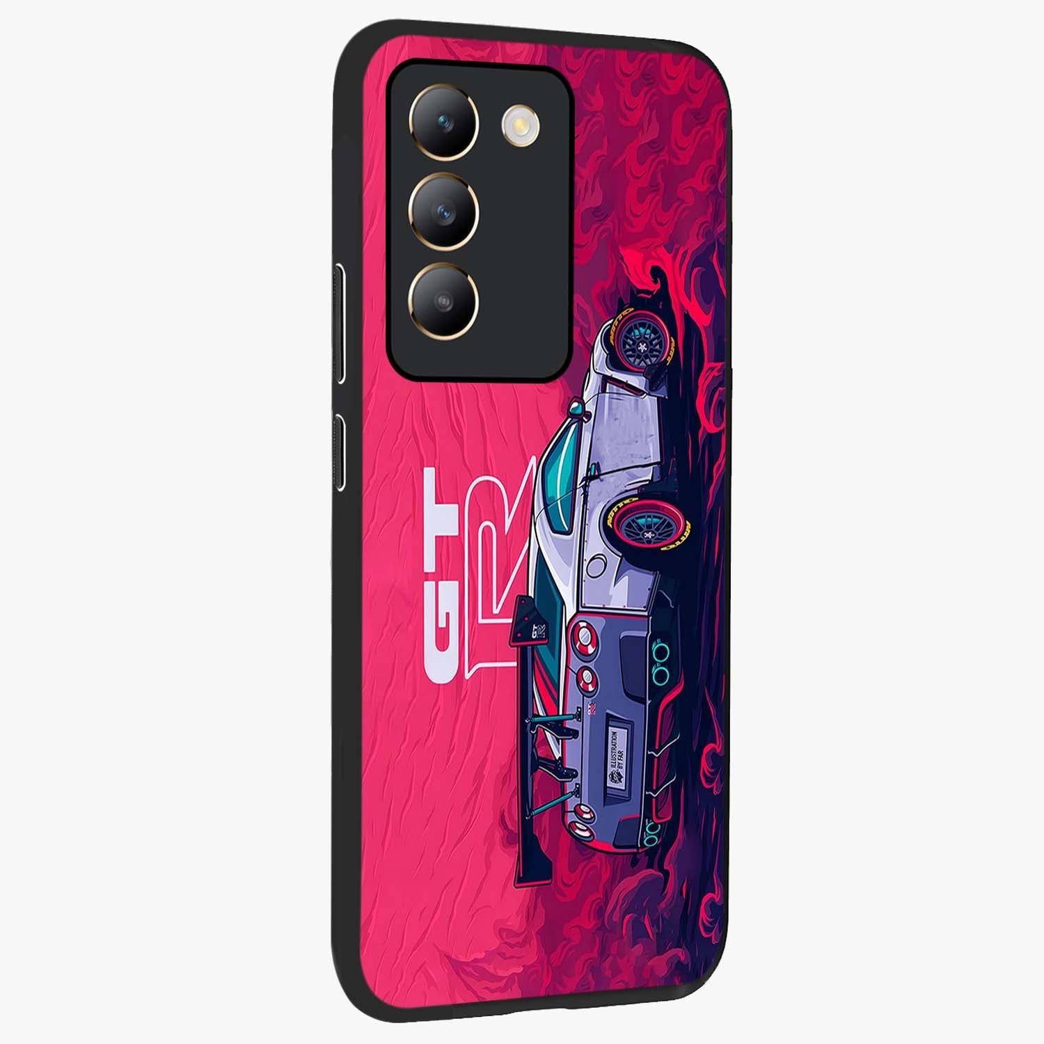 GT-R Car Pattern Glass Case upright view showcasing dynamic car pattern artwork with modern sports theme.