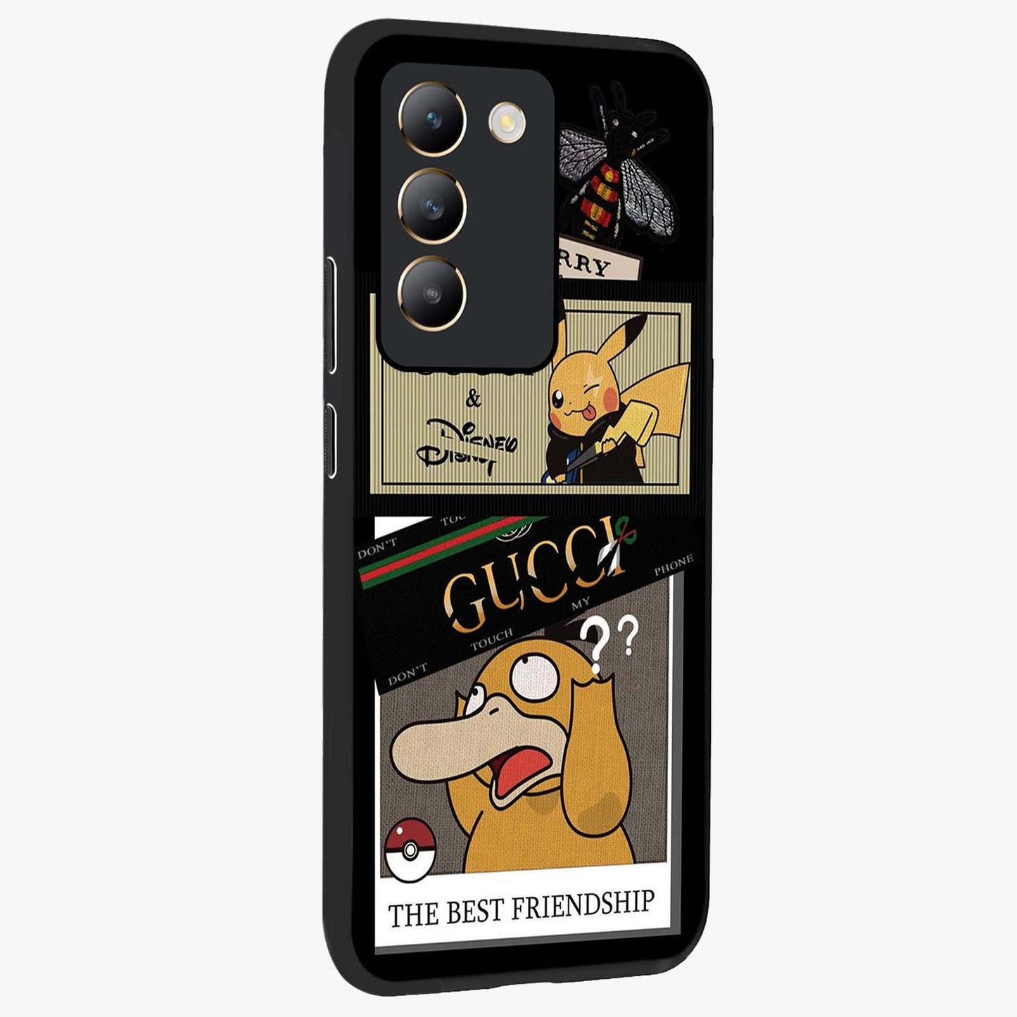 Gucci Play Mashup Glass Case upright view showcasing trendy luxury inspired artwork with modern fashion theme.