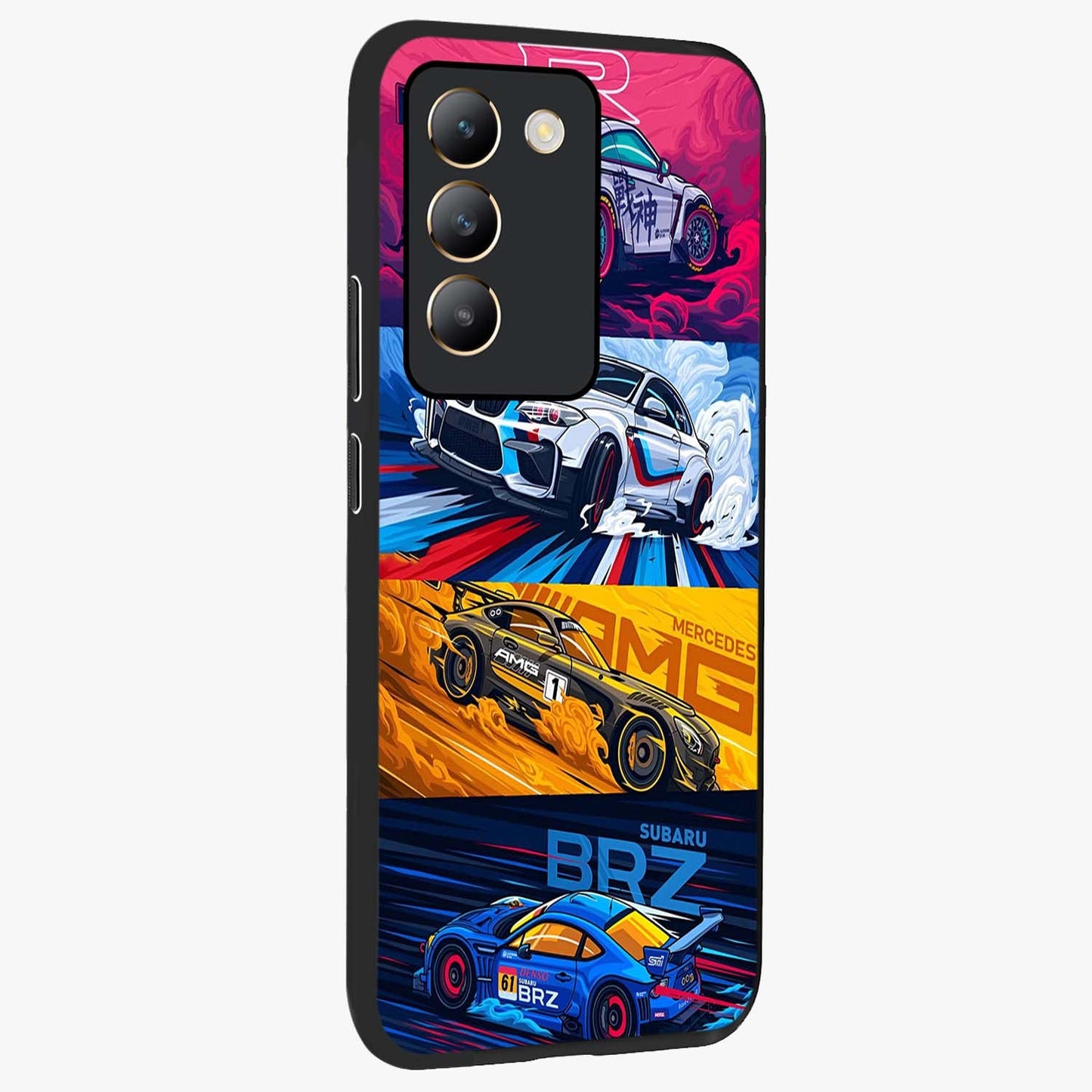 JDM Sports Car Glass Case upright view showcasing dynamic sports car artwork with bold racing theme.