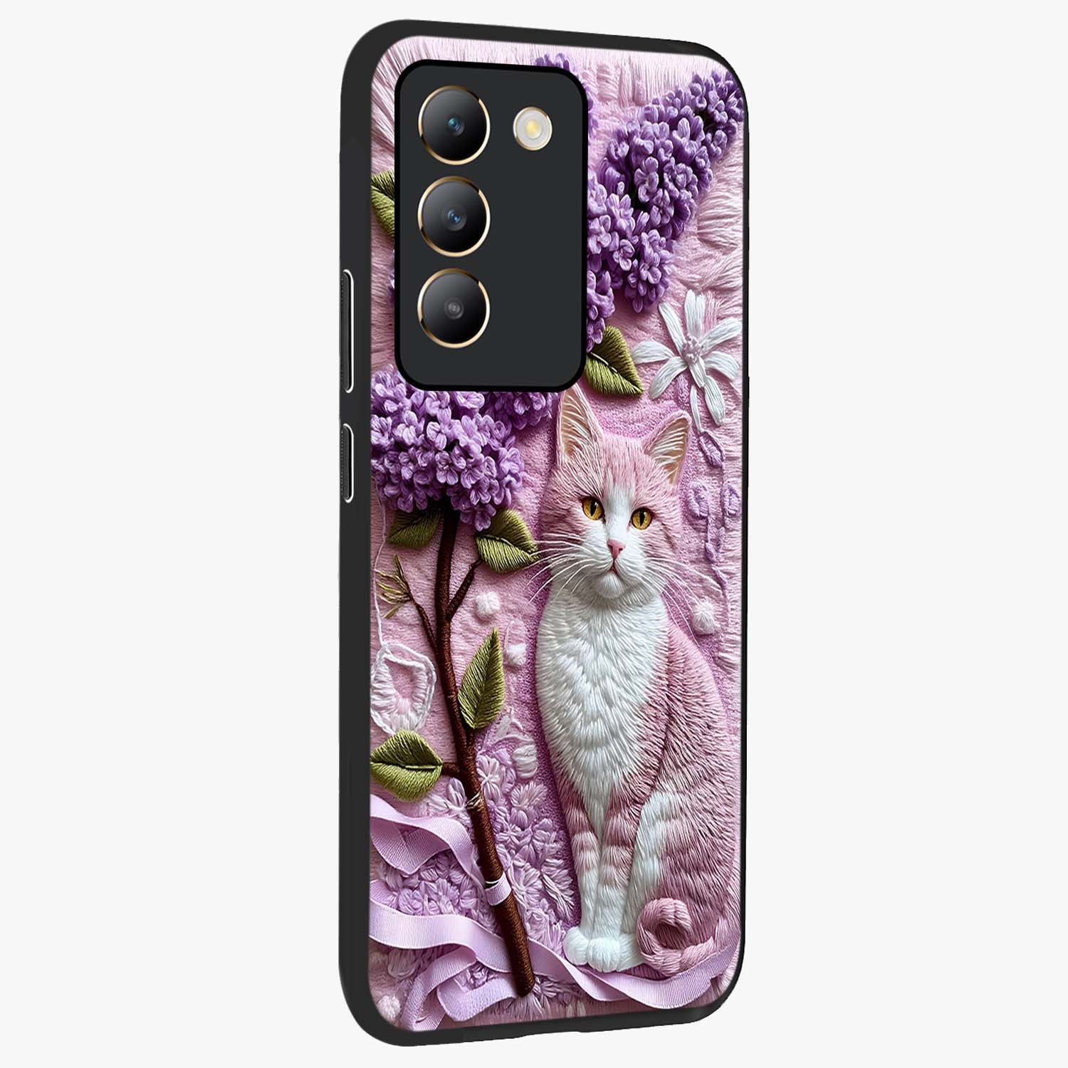 Lavender Cat Whimsy Glass Case upright view showcasing charming cat artwork with whimsical lavender theme.
