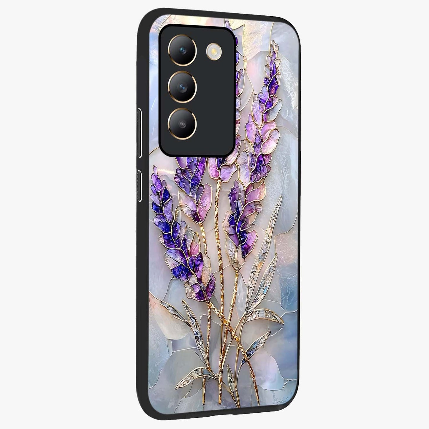 Lavender Dream Glow Glass Case upright view showcasing radiant lavender glow artwork with calming dreamy theme.