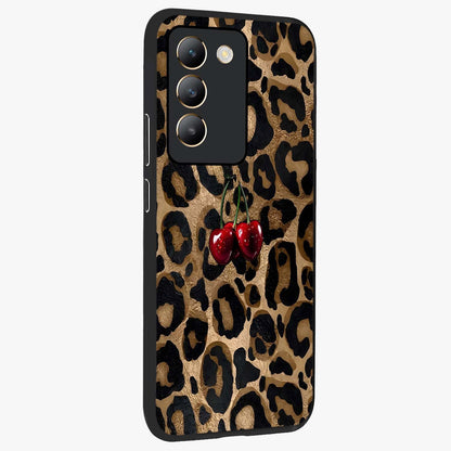 Leopard Wild Cherry Glass Case upright view showcasing stylish leopard pattern artwork with trendy fashion theme.