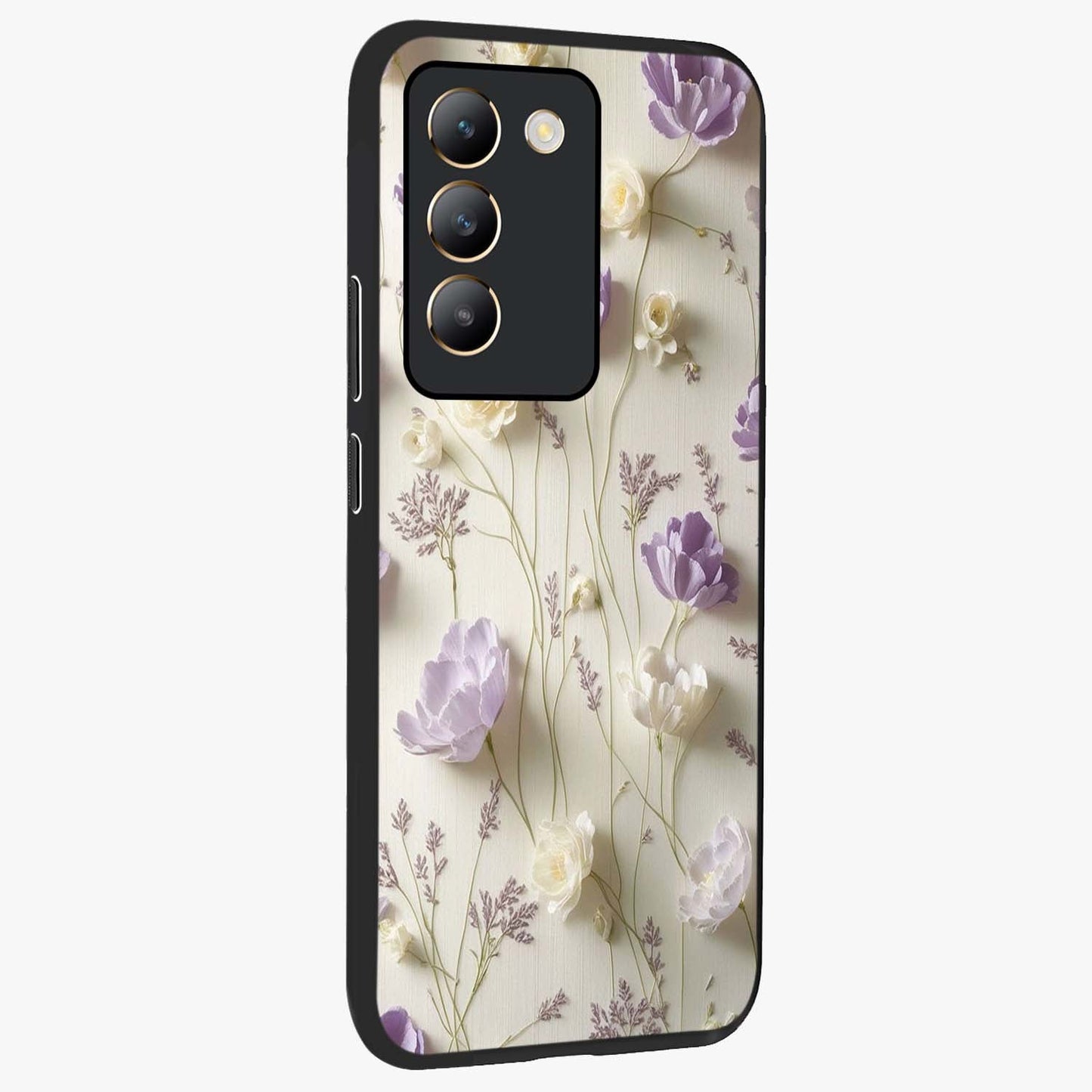 Lilac Breeze Harmony Glass Case upright view showcasing delicate lilac artwork with peaceful floral theme.