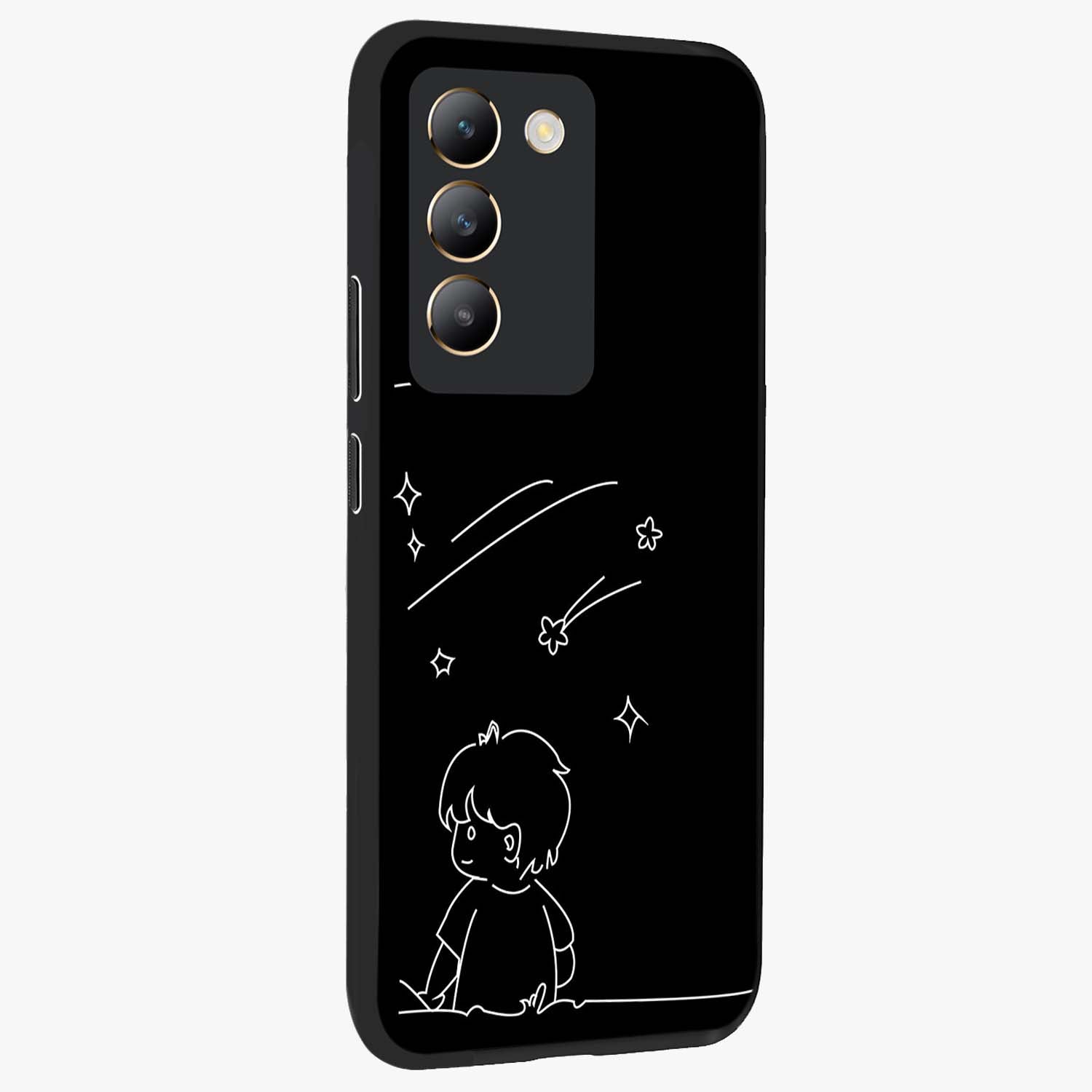 Line Art Boy With Shooting Stars Glass Case upright view showcasing artistic shooting star illustration with minimal style.