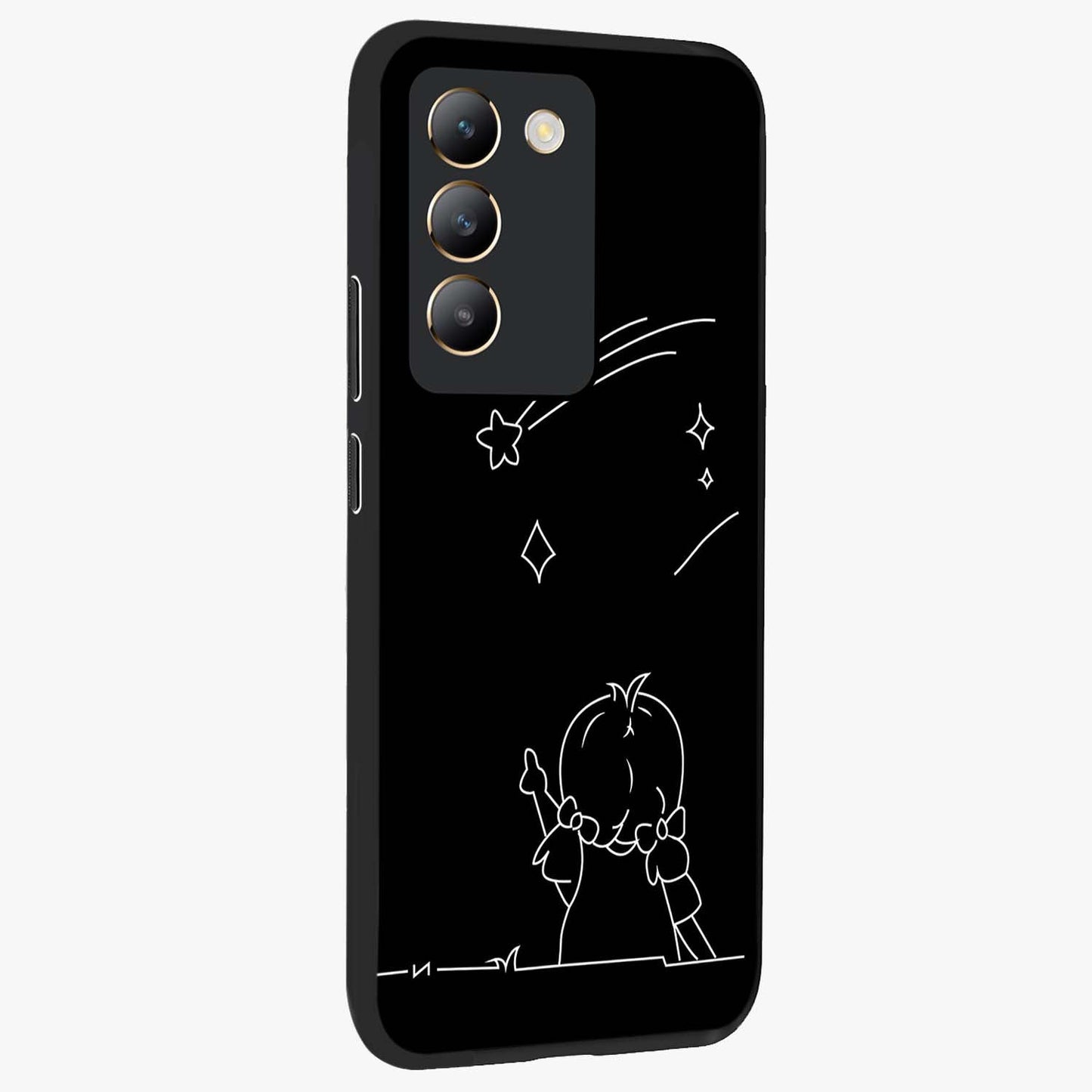 Line Art Girl With Shooting Stars Glass Case upright view showcasing delicate shooting stars artwork with minimal artistic theme.