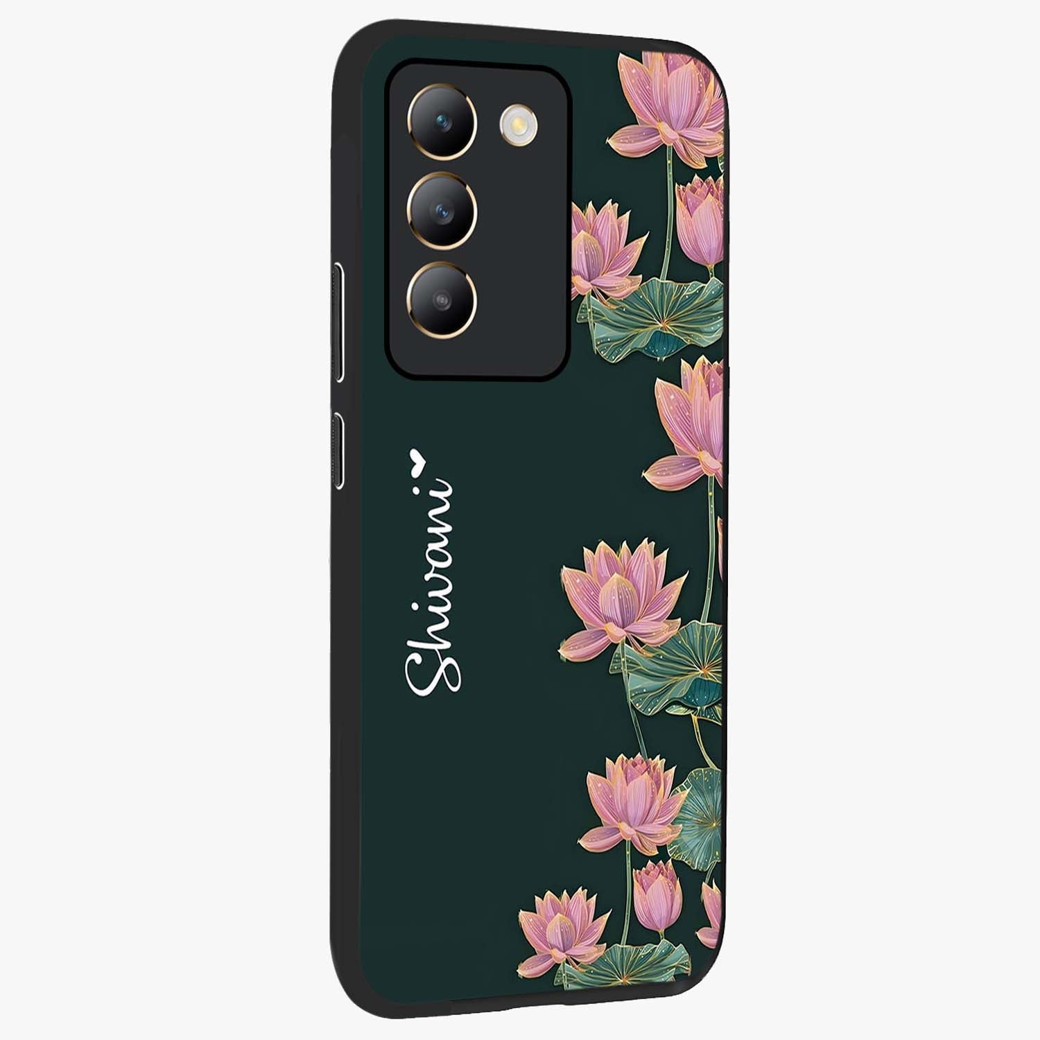 Lotus Bloom Serenity Custom Name Glass Case upright view showcasing serene lotus bloom artwork with personalized floral aesthetic.