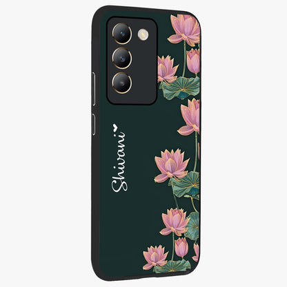 Lotus Bloom Serenity Custom Name Glass Case upright view showcasing serene lotus bloom artwork with personalized floral aesthetic.