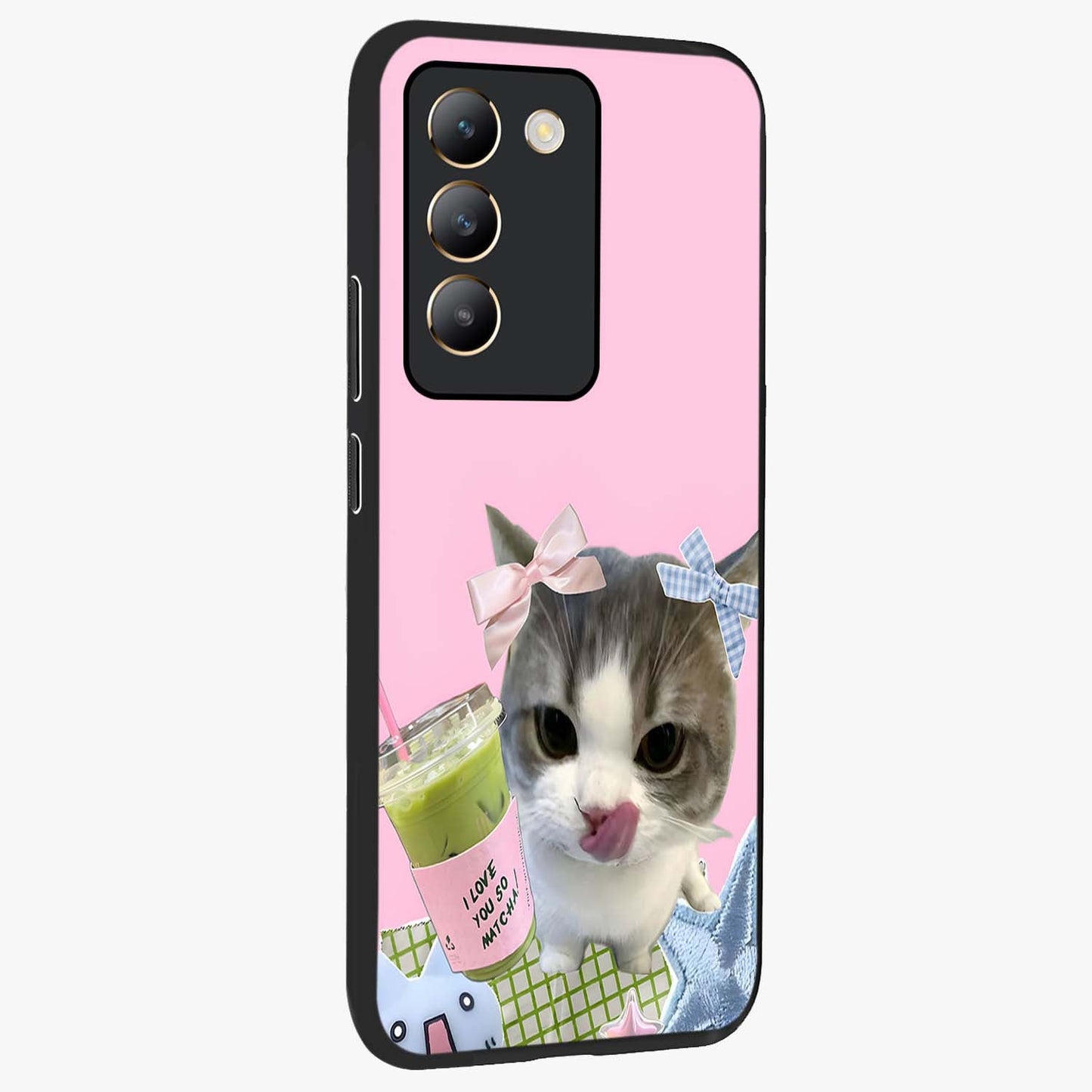 Love Matcha Cat Glass Case upright view showcasing adorable cat artwork with charming matcha themed design.