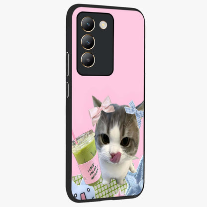 Love Matcha Cat Glass Case upright view showcasing adorable cat artwork with charming matcha themed design.
