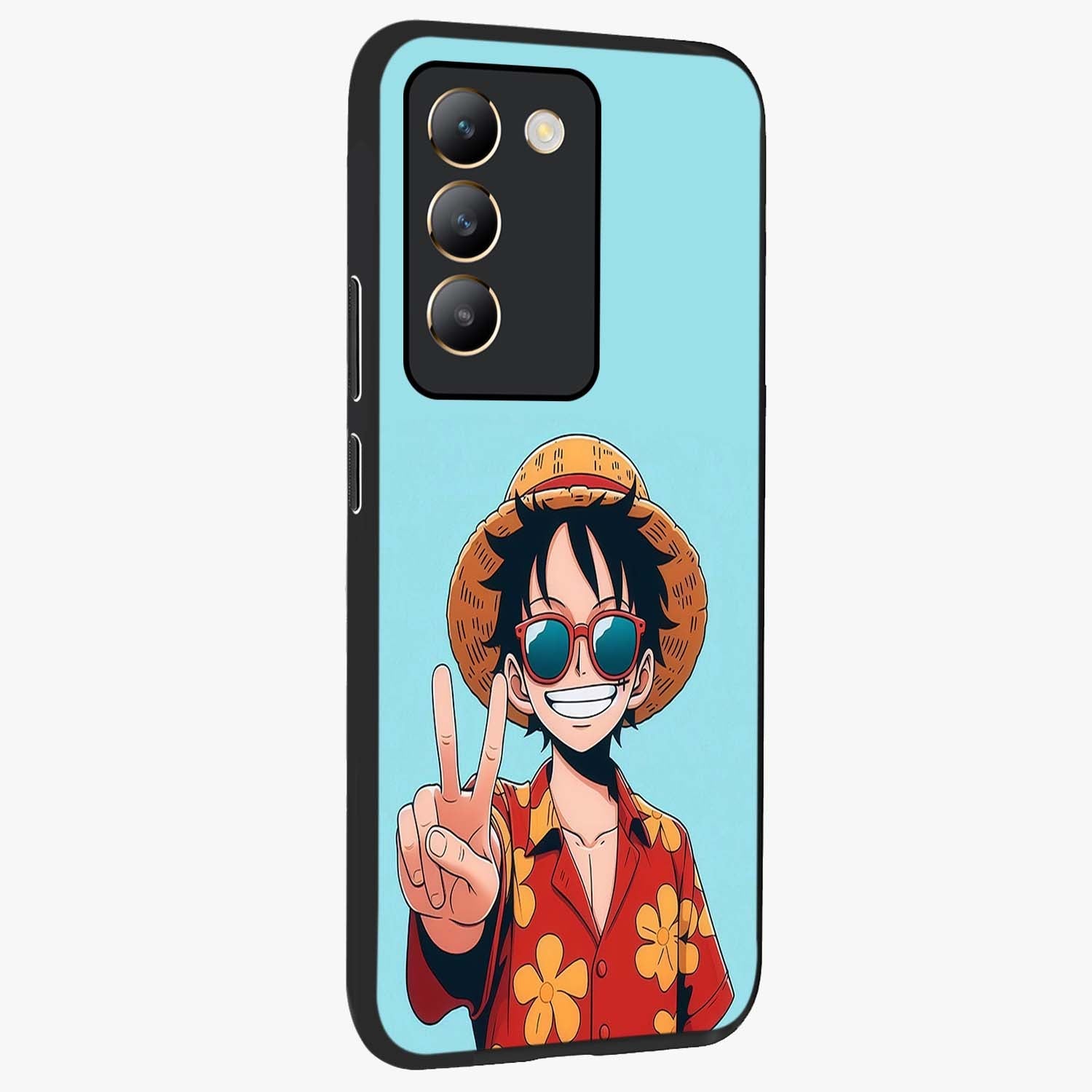 Luffy Summer Anime Vibe Glass Case upright view showcasing dynamic anime artwork with bright adventurous theme.
