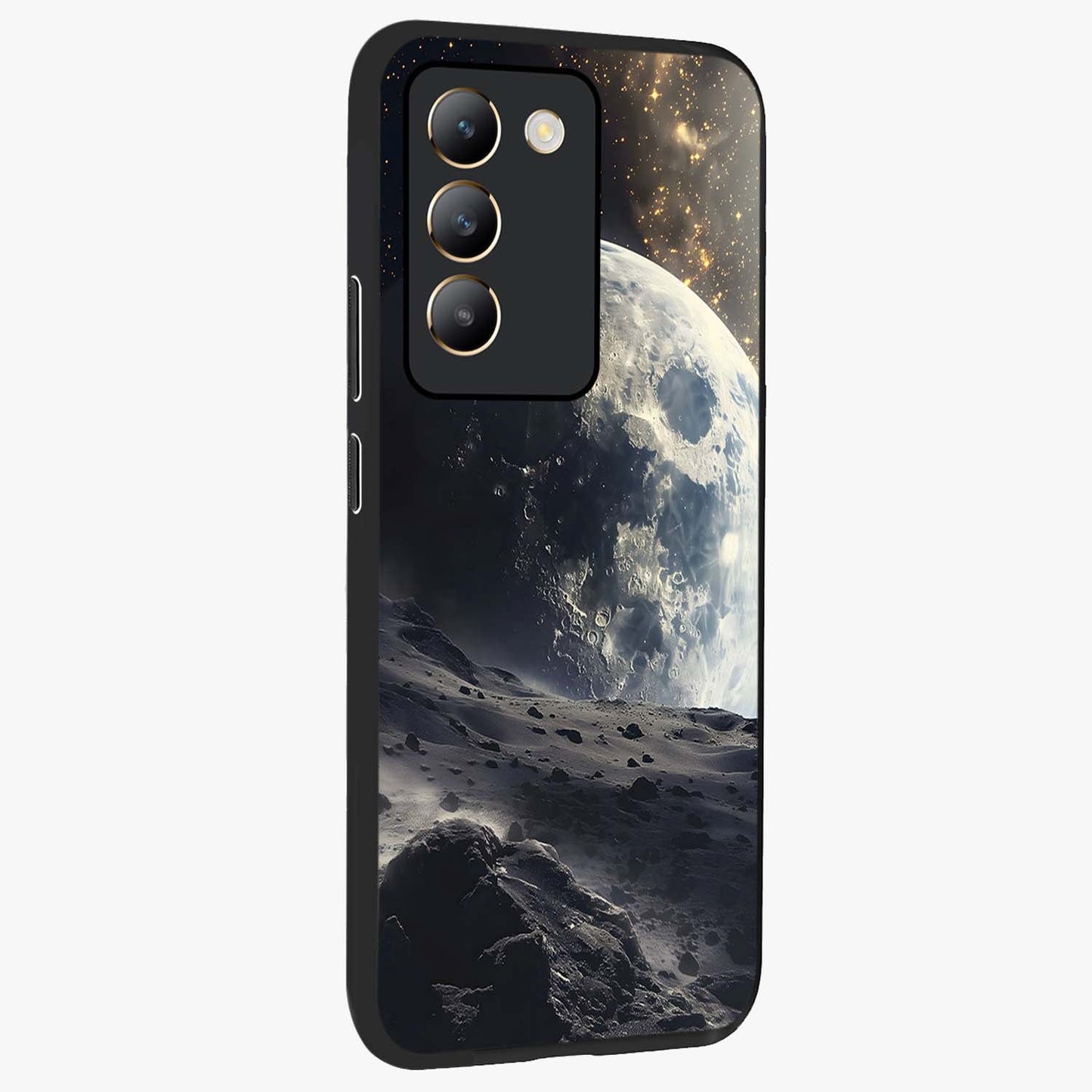 Lunar Horizon Glow Glass Case upright view showcasing radiant lunar artwork with calm cosmic theme.