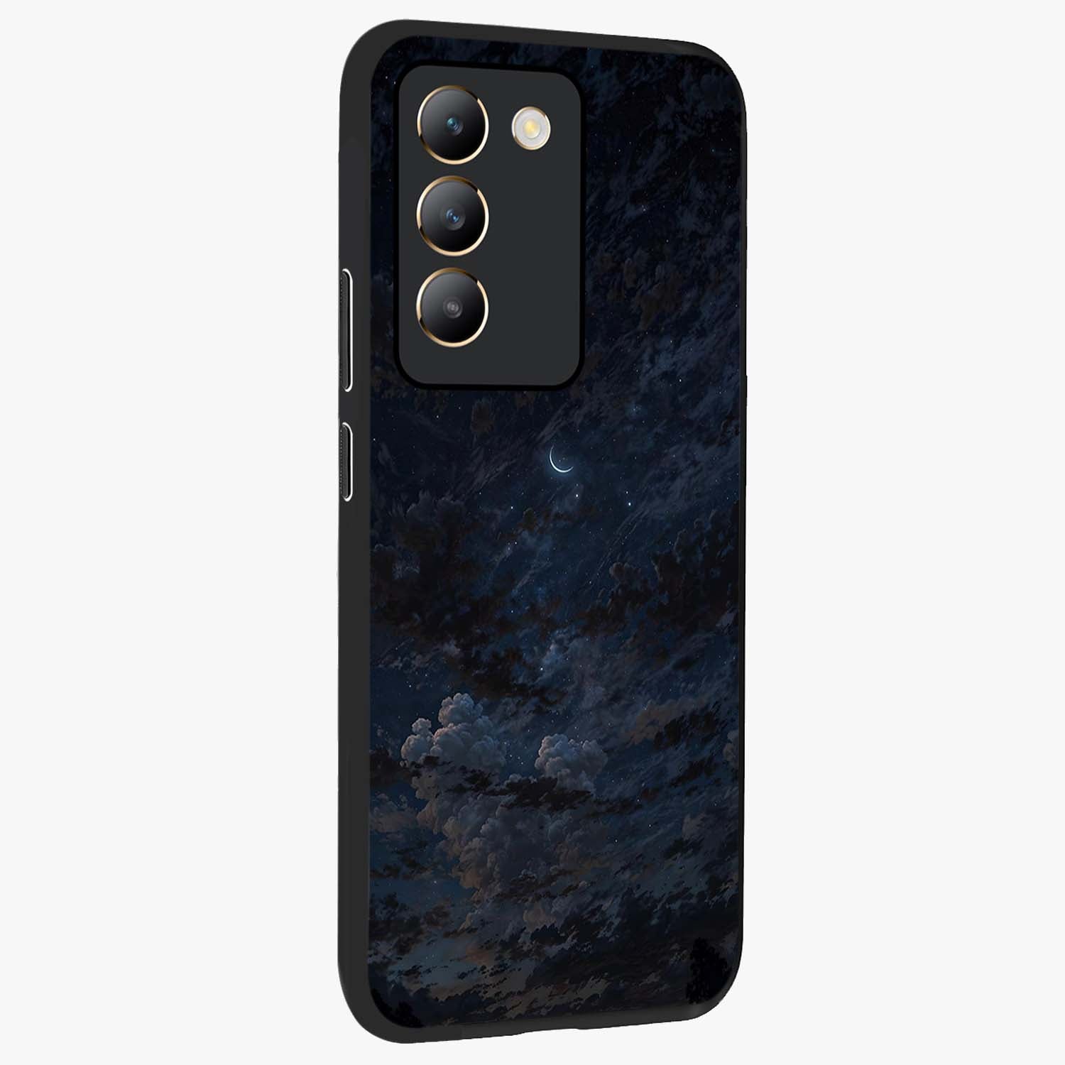 Lunar Veil Silence Glass Case upright view showcasing calm moon themed artwork with serene night atmosphere.