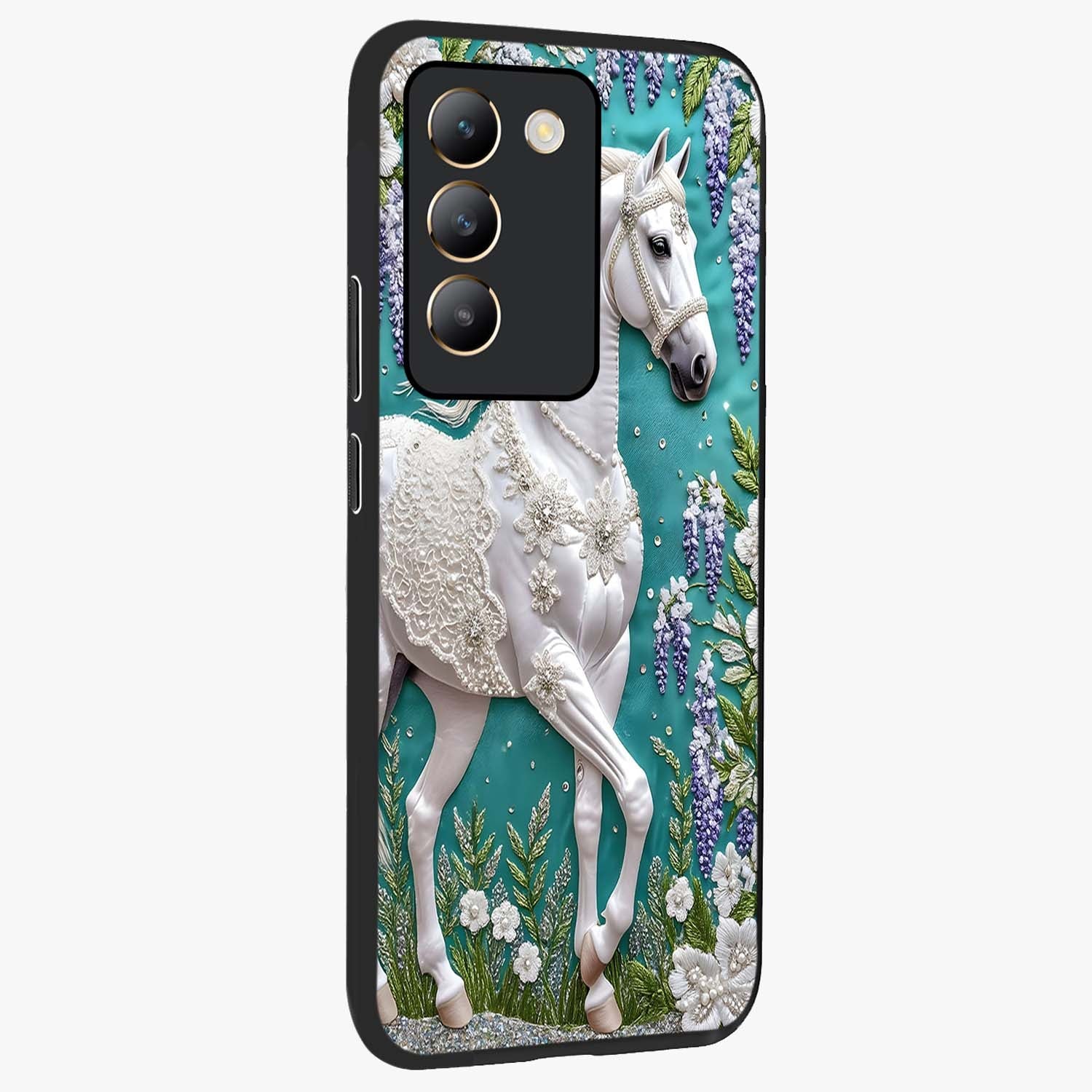 Majestic Floral Stallion Glass Case upright view showcasing dramatic horse artwork with decorative floral theme.