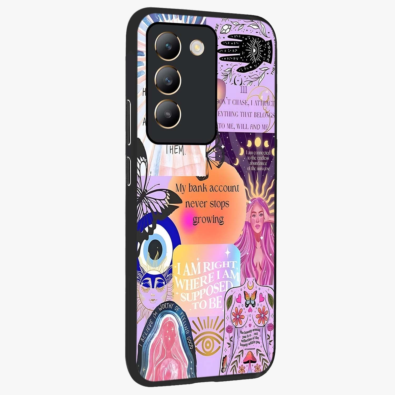 Manifestation Collage Glass Case upright view showcasing artistic manifestation themed artwork with creative style.