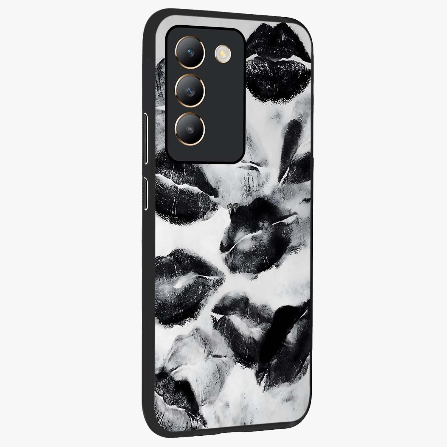 Midnight Kiss Marks Glass Case upright view showcasing stylish kiss mark artwork with trendy romantic theme.