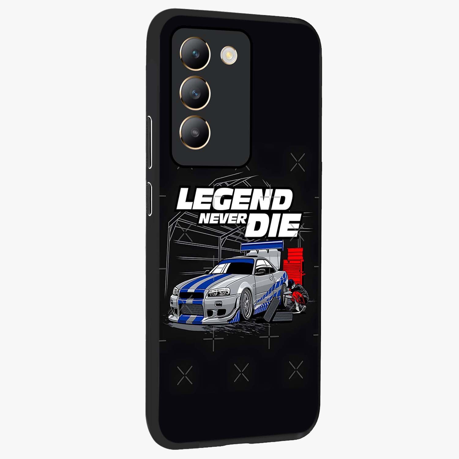 Midnight Racing Legacy Glass Case upright view showcasing powerful racing artwork with modern sports theme.