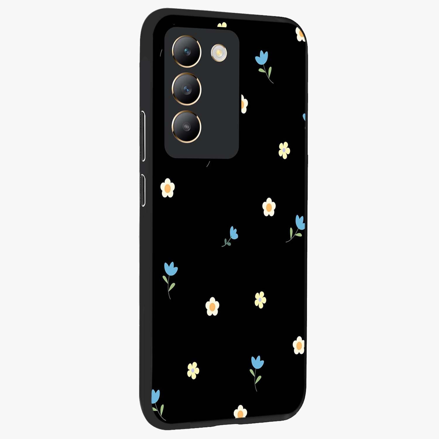 Minimal Petal Whispers Glass Case upright view showcasing elegant floral artwork with modern minimalist style.