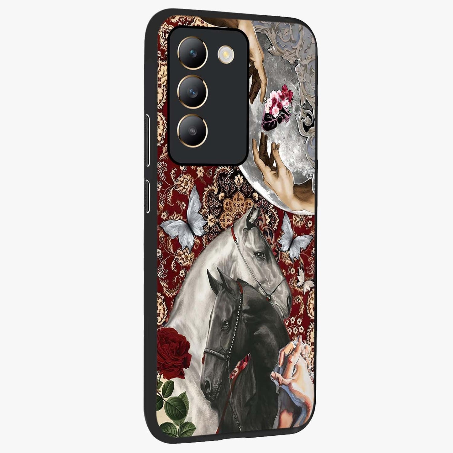 Moonlit Royal Stallion Glass Case upright view showcasing dramatic horse artwork with glowing moon themed design.