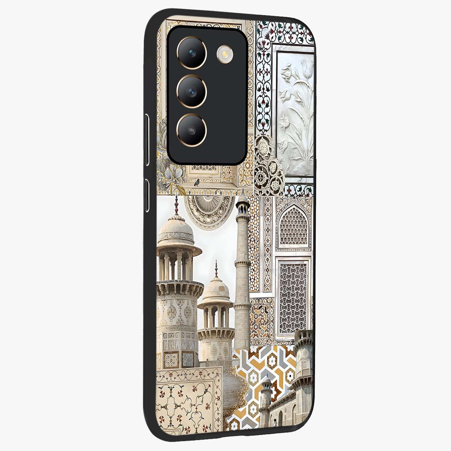 Mughal Marble Legacy Glass Case upright view showcasing ornate Mughal design with luxurious traditional theme.