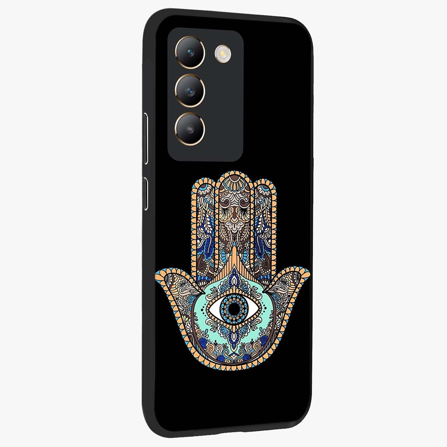 Mystic Hamsa Eye Glass Case upright view showcasing detailed hamsa eye artwork with protective spiritual theme.
