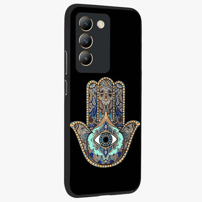 Mystic Hamsa Eye Glass Case upright view showcasing detailed hamsa eye artwork with protective spiritual theme.