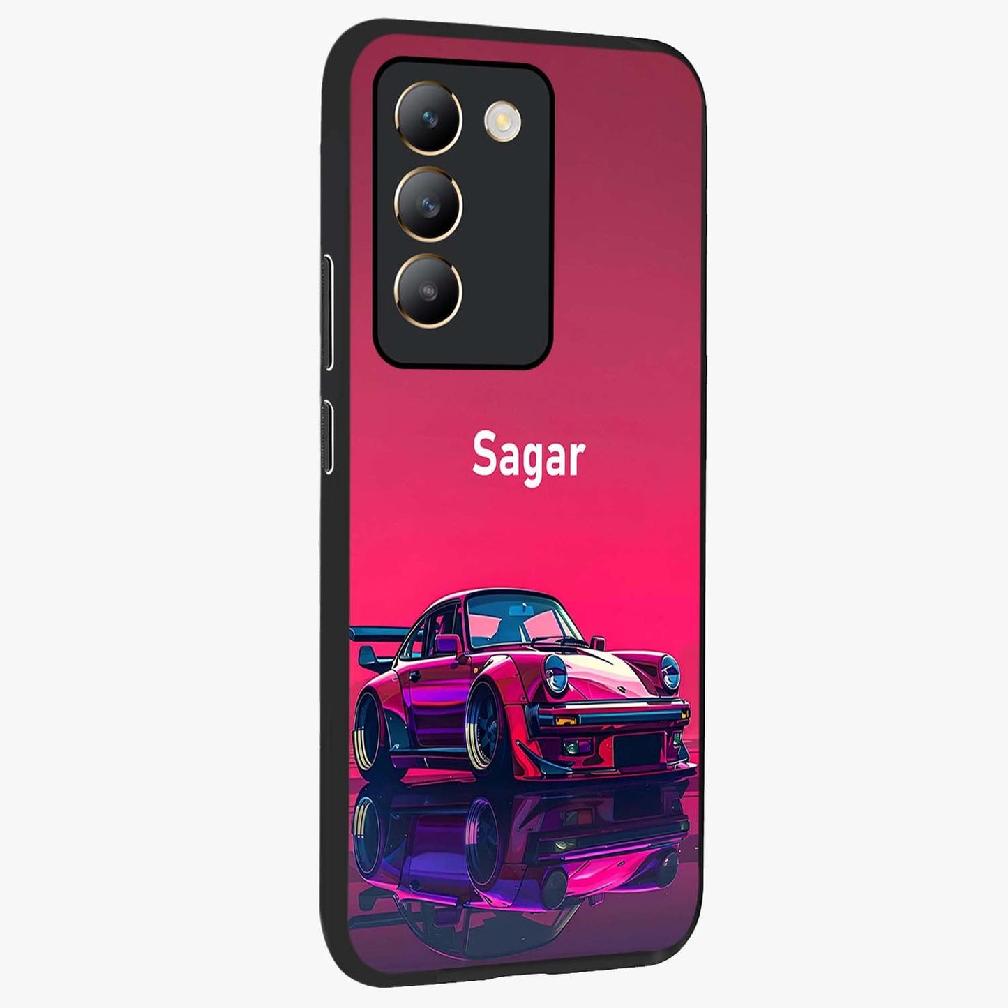 Neon Pink Porsche Glass Case upright view showcasing vibrant sports car artwork with bold automotive theme.